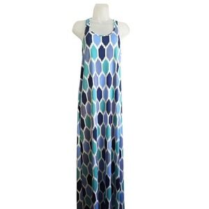 Tori‎ Richard Valerie Racerback Tank Maxi Dress Blue Green Geometric Sz S Hawaii